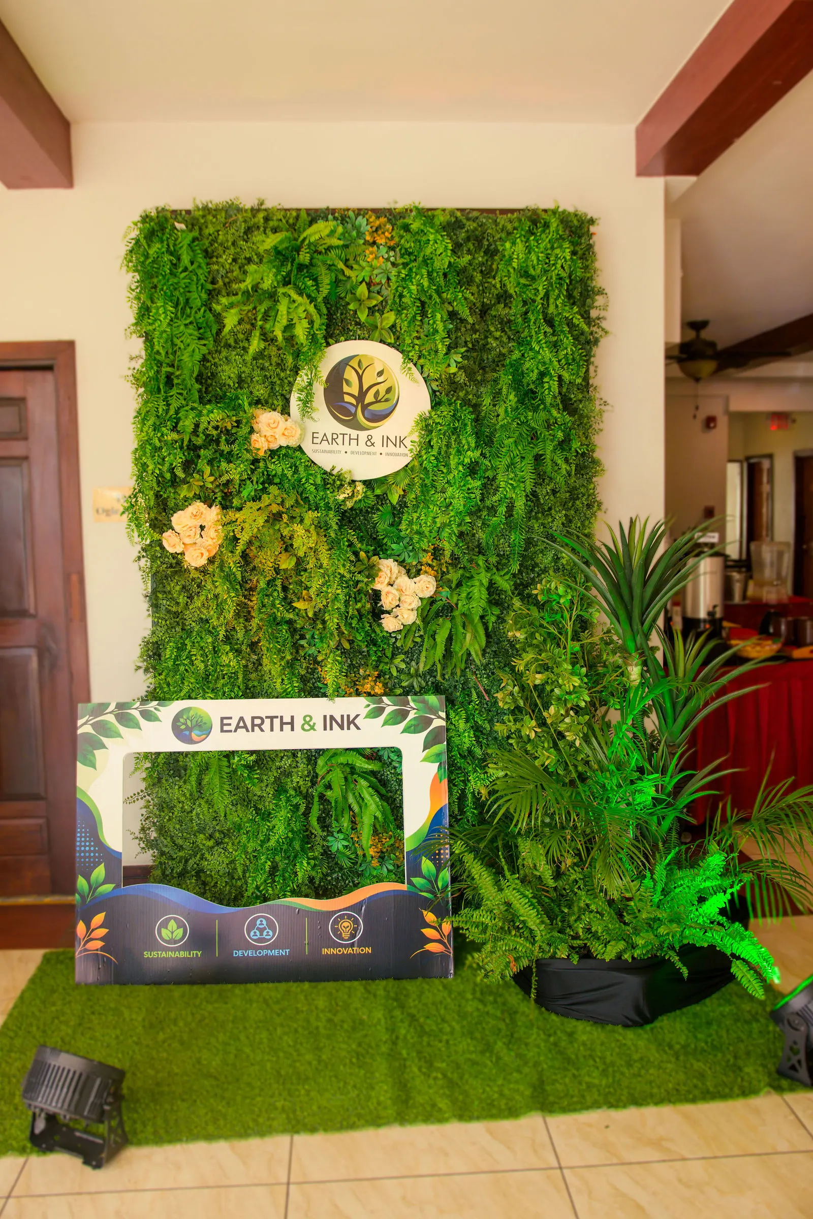 The Earth & Ink brand wall at the launch at Herdmanston Lodge