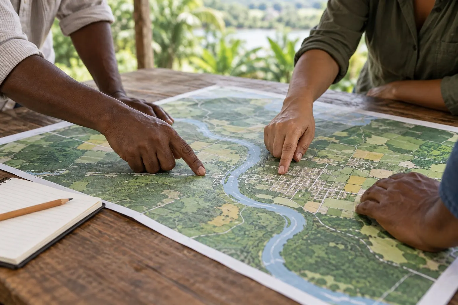 AI-generated illustration of hands examining a land-use map during a planning discussion