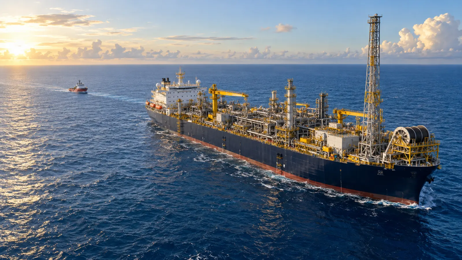 AI-generated illustration of a floating oil production vessel at sea, with a supply boat in the distance